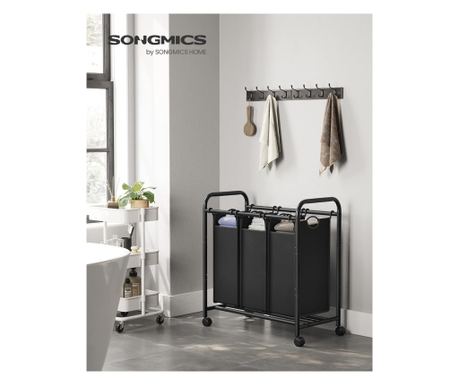 SONGMICS Szennyeskosár 3 Kivehető Zsákkal, Fémvázzal és Kerekekkel, 3x44L, 77x41x82cm, Fekete