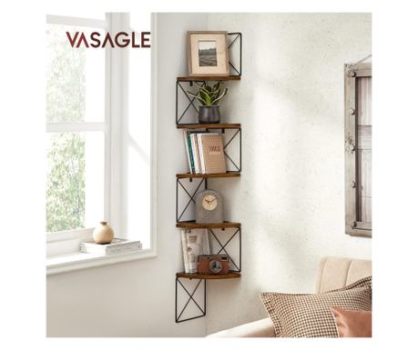 VASAGLE 5-етажна ъглова етажерка за стена, стоманена рамка, MDF, рустикално кафяво и черно, 20x20x128 см