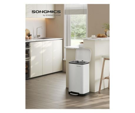 SONGMICS 30 literes acél szemetes kuka pedállal, belső vödörrel és lassan záródó fedéllel, 34x61x32cm, fehér
