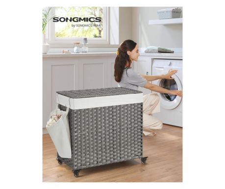 SONGMICS Ročno tkana košara za perilo z odstranljivo pralno podlogo, 3 predelki, stil ratana, 140 litrov, 66x33x60 cm, siva