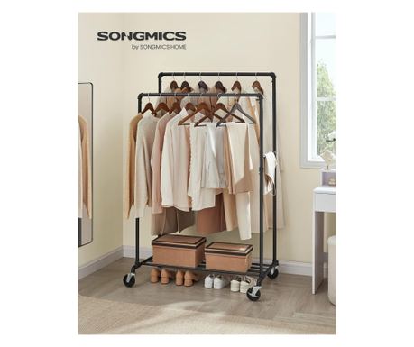 SONGMICS Suport pentru haine, cu raft si sine de agatat duble, cadru metalic, cu roti, 59x100x162cm, industrial, negru