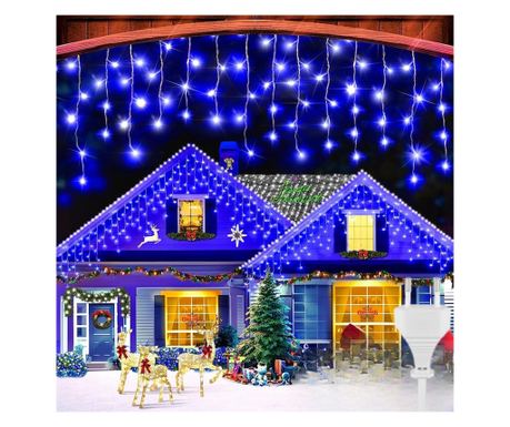 Instalație Crăciun Turturi MRG M946, Albastru, 12M, Intreconectabila, 8 Jocuri de Lumini, Flash, Perdea, Franjuri, Exterior - In