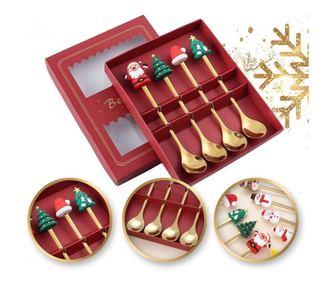 Set tacamuri pentru Craciun, 4 linguri aurii, figurine cu tematica magica de Craciun, JollyMag, LYZ3
