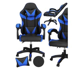 Scaun birou pentru gaming, ergonomic, suport lombar si tetiera, 114-123x55x50 cm, negru si albastru