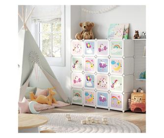 SONGMICS Dulap modular de depozitare jucarii, 16 cuburi cu usi, 123x31x123cm, alb