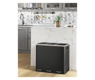 SONGMICS Cos de gunoi din inox cu 3 compartimente colectare selectiva, cu galeti interioare, 3x18litri, negru