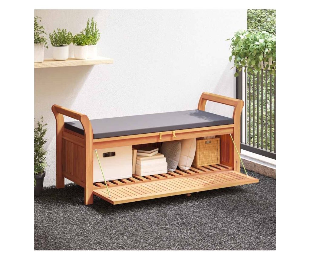 Bancă de depozitare cu pernă, 126 cm, lemn masiv de acacia