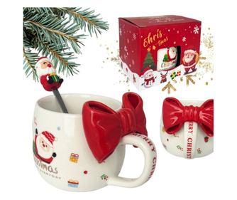 Keramička šalica, božićna, s crvenom mašnom i žličicom, 400 ml, KB25CZE, eCarla