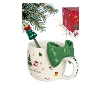 Karácsonyi kerámia bögre zöld masnival és kanállal, 400 ml