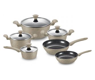 Комплект тенджери и тигани Royalty Line FD10, 10 части, Лят алуминий, Greblon мраморно покритие, Индукция, Бежов