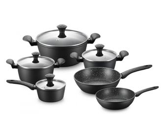 Комплект тенджери и тигани Royalty Line FD10, 10 части, Лят алуминий, Greblon мраморно покритие, Индукция, Черен