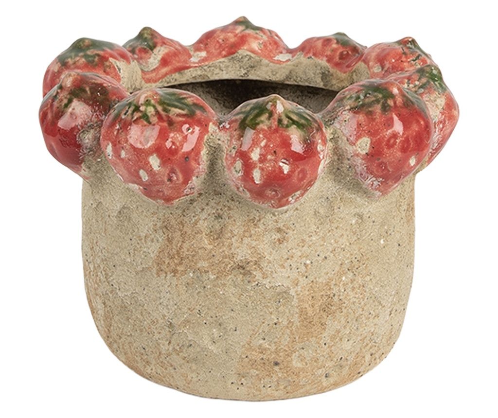 Bež/rdeč terakota cvetlični lonec z motivom jagode, 15x12 cm