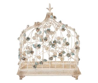 Vintage kavez za ptice od kovanog željeza, krem plava, ruže, 42 cm x 21 cm x 50 cm
