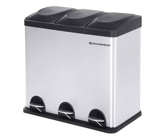 Троен кош за боклук, Songmics, Инокс, 3 педала, Сив
