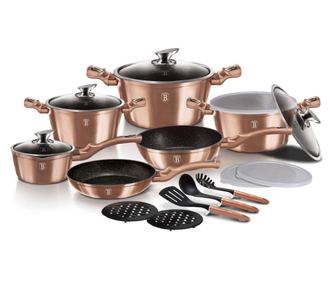 Sada hrnců a pánví s poklicemi, mramorovaná, 18dílná, růžovo-zlatá, Berlinger Haus BH 7034, kompatibilní s indukční varnou desko