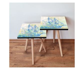 Zestaw 2 stolików 991, granatowy, zielony, beżowy