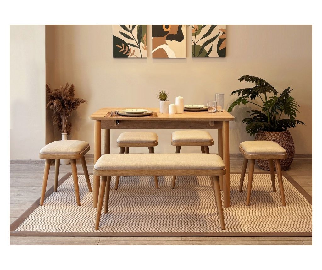 Set Masă Extensibilă și Scaune (6 Piese) 607, Stejar, Crem