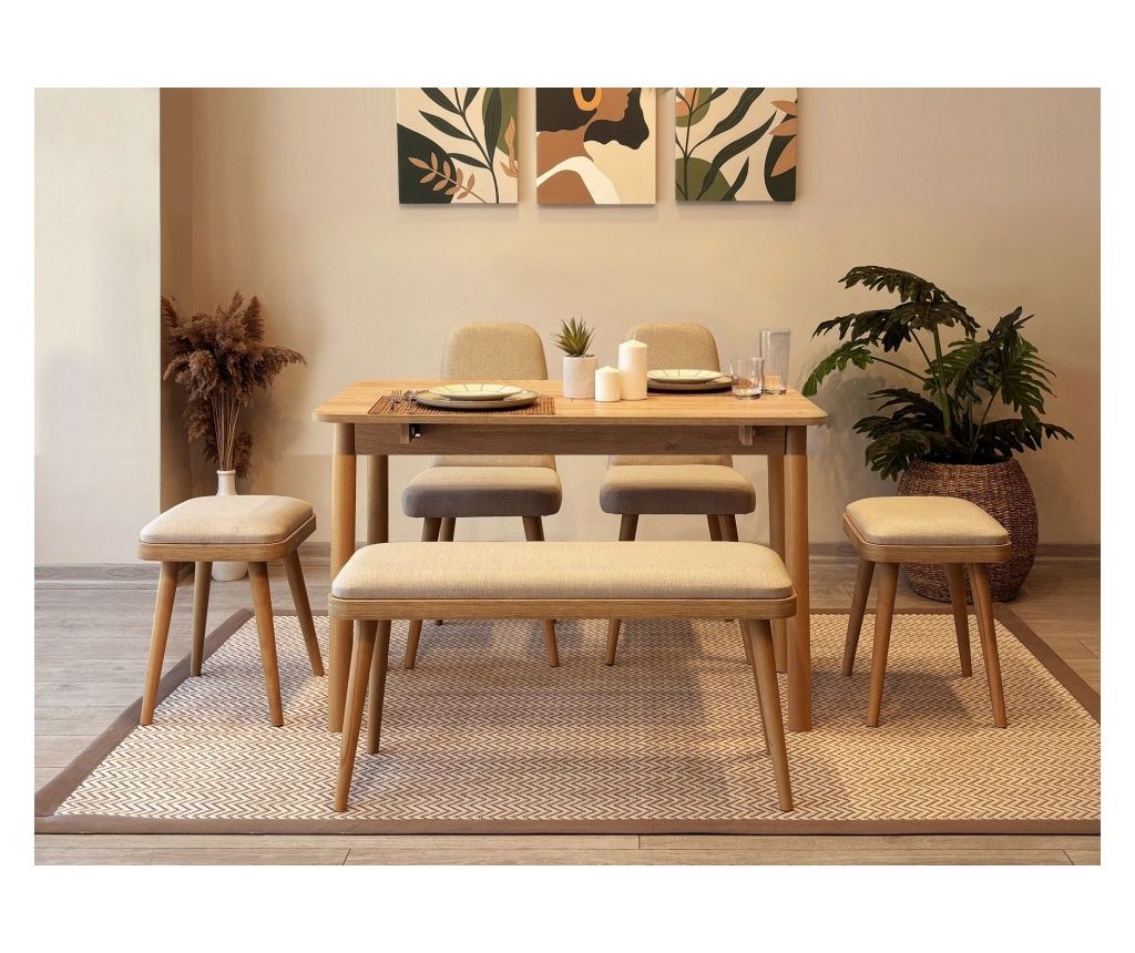Set Masă Extensibilă și Scaune (6 Piese) 423, Stejar, Crem