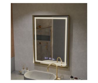 Obdélníkové LED zrcadlo, 60x80cm, Verite Royale Gold MotionGlow Marcello, systém proti zamlžování, hodiny a teploměr, stmívateln