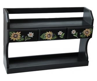 Etajera Floarea Soarelui cu 3 sertare,  din lemn, pictata manual, negru multicolor
