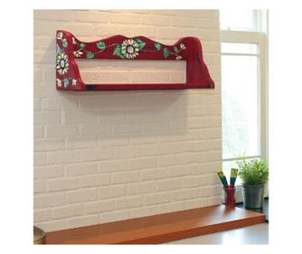 Polita din lemn "Floarea soarelui", pictata manual, rosu vintage multicolor,lungime 60 cm