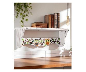 Polita, Etajera din lemn, pictata manual alb multicolor, Bufnite, lungime 60 cm