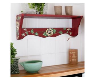 Polita din lemn "Floarea soarelui" pictata manual,rosu multicolor,lungime 60 cm