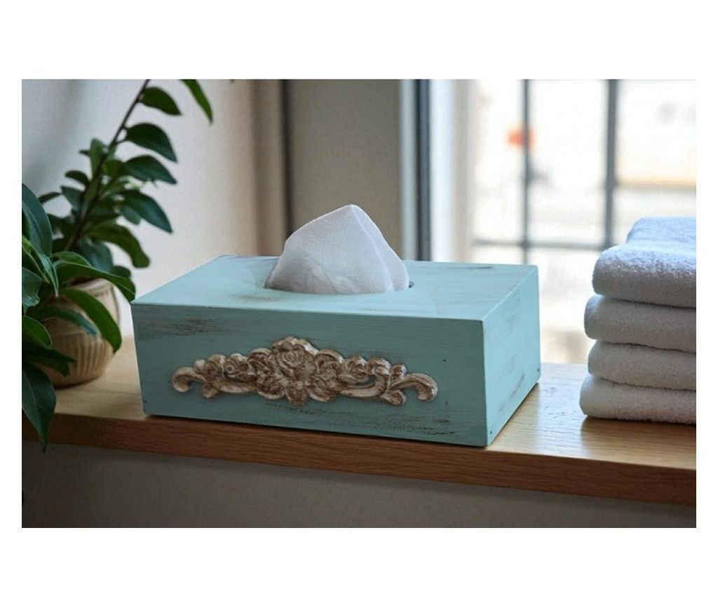 Fából készült szal અdőtartó faragott díszítéssel, kézzel festett, világoskék