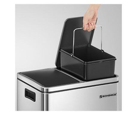 SONGMICS Rozsdamentes Acél Szemetes 2 Rekesszel, Szelektív Gyűjtés, Belső Vödrökkel, 2 x 15 Liter, Ezüst és Fekete