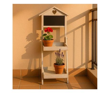 Suport Ghivece din Lemn Alb Vintage cu Două Nivele și Tabla Neagră, 36x29x80cm
