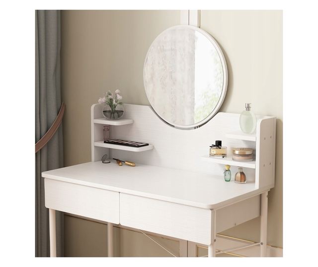 MĂSUȚĂ DE TOALETĂ ALBĂ PENTRU DORMITOR CU OGLINDA ȘI SERTARE, DESIGN MODERN