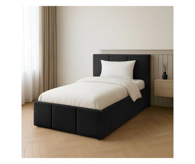 Łóżko Pojedyncze 90x200cm Łóżko Tapicerowane z Pojemnikiem Czarne