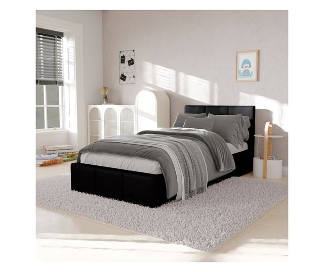 Łóżko Pojedyncze 90x200cm Łóżko Tapicerowane z Pojemnikiem Czarne