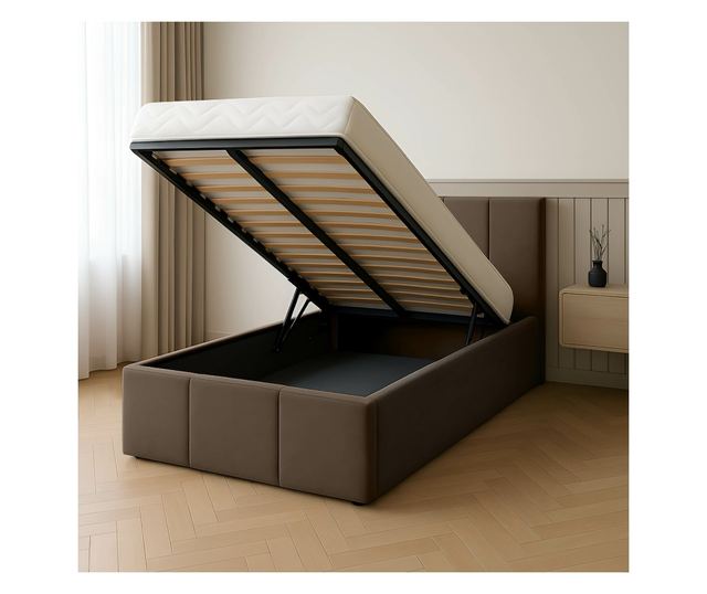 Łóżko Pojedyncze 90x200cm Łóżko Tapicerowane z Pojemnikiem Brązowe