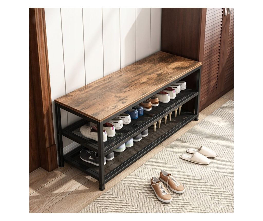Raft, dulap pentru pantofi cu scaun, raft industrial mare, lemn retro - 3