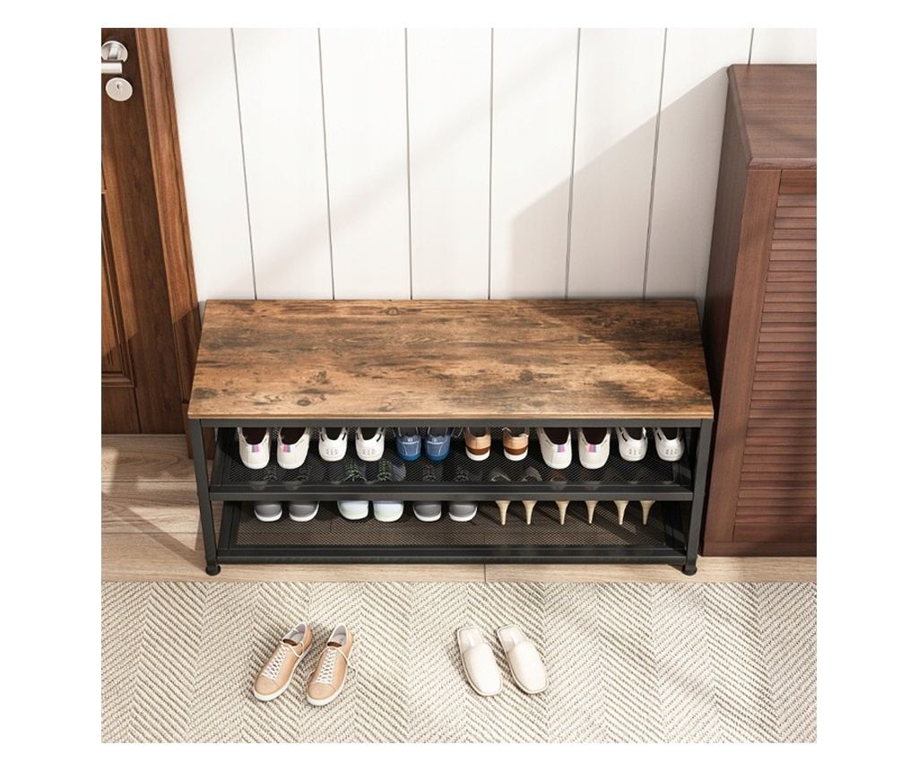Raft, dulap pentru pantofi cu scaun, raft industrial mare, lemn retro - 5