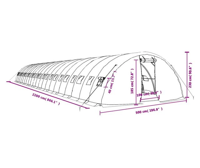 Оранжерия със стоманена рамка, бяла, 110 m², 22x5x2,3 m