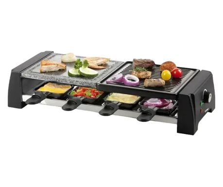 DOMO 2in1 grill és raclette sütő, Duo Stone, 8 személyes, 8 fa spatula, 8 raclette serpenyő, levehető grilllap, tapadásmentes be