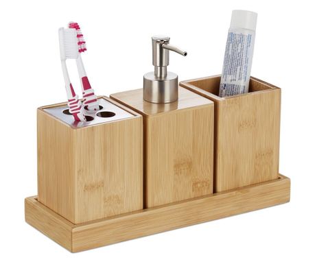 Комплект аксесоари за баня с табла, 3 части - включва дозатор за сапун, бамбук, естествен цвят, 18 x 25 x 9,5 см