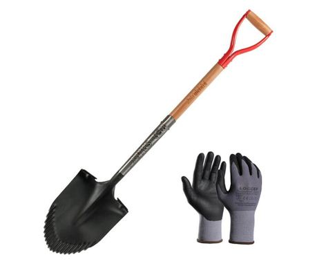 Harlet ásókészlet, éles, recés élű, fa nyéllel 115 cm, kesztyűvel, RedShark
