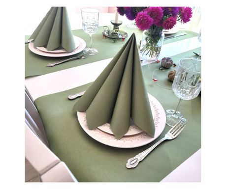 Sada dekoračních doplňků na slavnostní stůl - slavnostní ubrousky Linclass olivové barvy, ubrousky, běhoun Linclass olivové barv