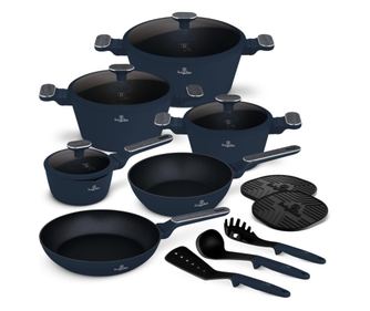 15dílná sada hrnců a pánví Deep See Berlinger Haus BH8382 s poklicemi a příbory, matně modrá, nepřilnavá, vhodná pro indukci