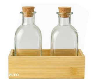 Комплект 2 Бутилки Pufo с Коркова Тапа и Бамбукова Стойка – За Олио, Оцет, Дресинги, Сосове, Подправки – 4 x 250 мл