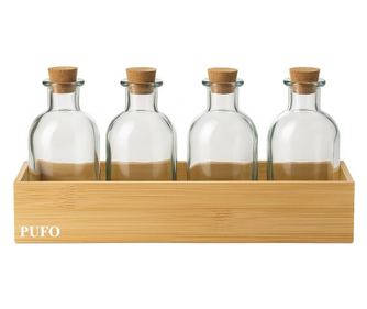 Комплект от 4 Бутилки Pufo с Коркова Тапа и Бамбукова Стойка – За Олио, Оцет, Дресинги, Сосове, Подправки – 4 x 250 мл