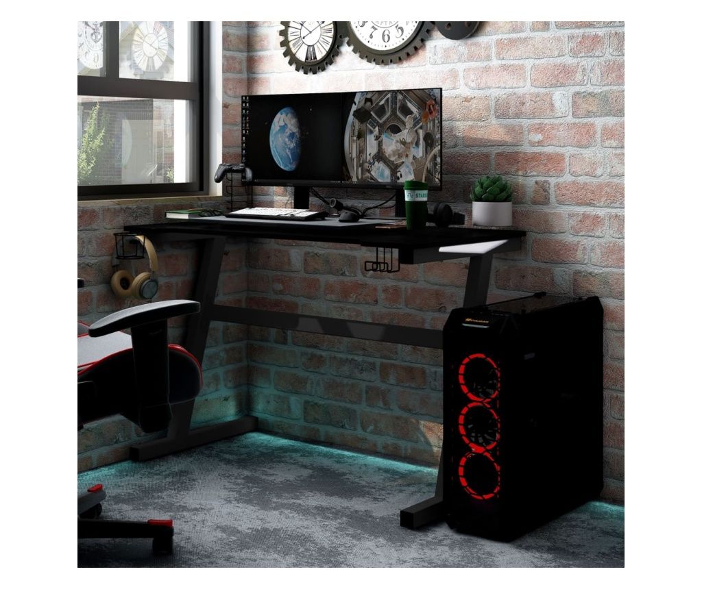 LED-es Z alak lbakkal elltott fekete gamer rasztal 90x60x75 cm