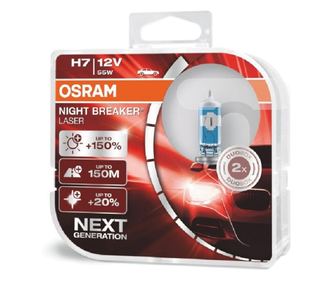 Комплект 2 халогенни крушки Osram H7 Night Breaker Laser, +130%, 55 W, 12 V, Px26D