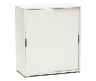 Fehér szekrény 75x85x38 cm 2 tolóajtóval és állítható polcokkal, előre összeszerelve, különféle helyiségekbe.