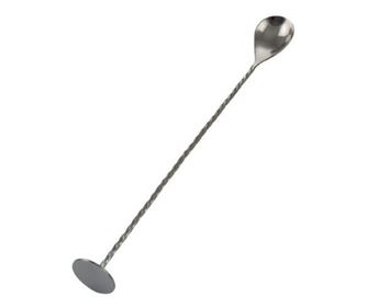 Rozsdamentes acél bárkanál hosszú, csavart nyéllel és lapos véggel a koktél hozzávalók préseléséhez