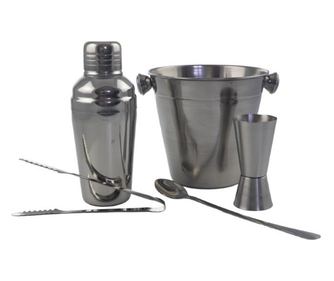 5 darabos minibár kellékkészlet: jégvödör, koktélshaker, csipesz, fogó, hosszú nyelű bárkanál