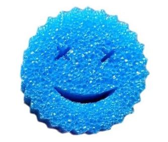 Round Dish Sponge, PU Sponge, Smiley Face Pattern, Two Sides, 10 x 4 cm, Blue/Yellow
